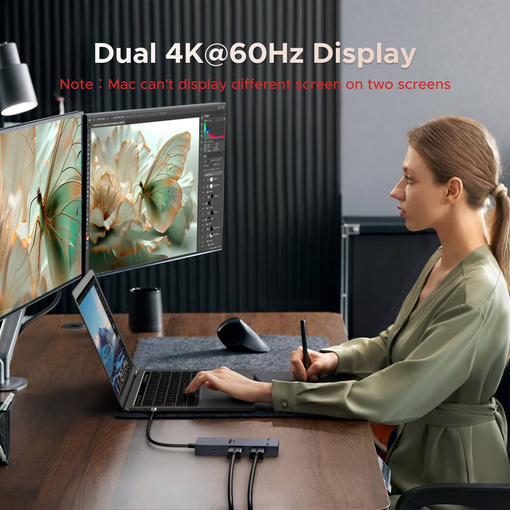USB-C docking station connected to a laptop with two external monitors
