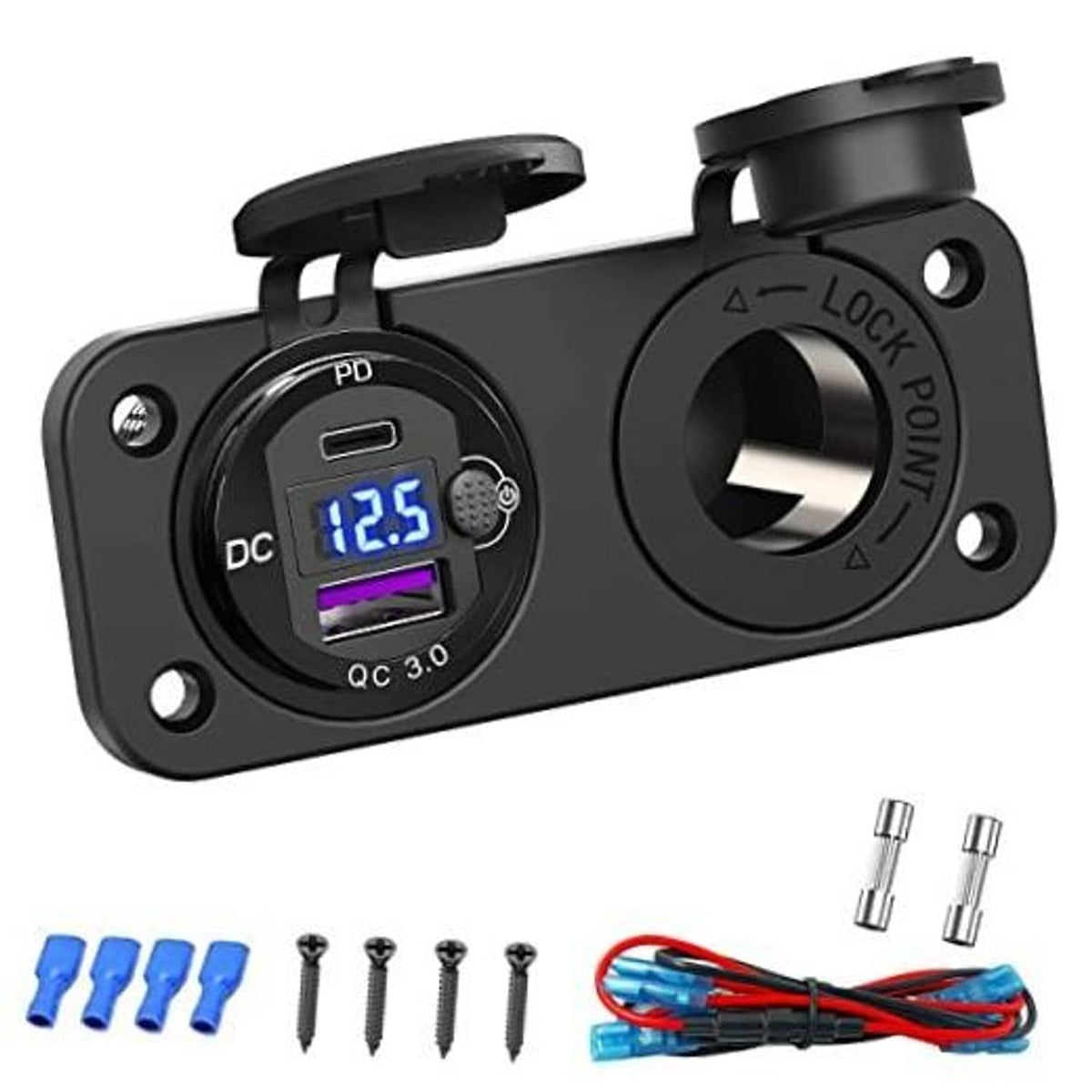 12V car cigarette lighter USB outlet with LED voltmeter display and two USB ports