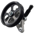 Power steering pump with black pulley and silver mounting bracket, with hose fitting and cap.