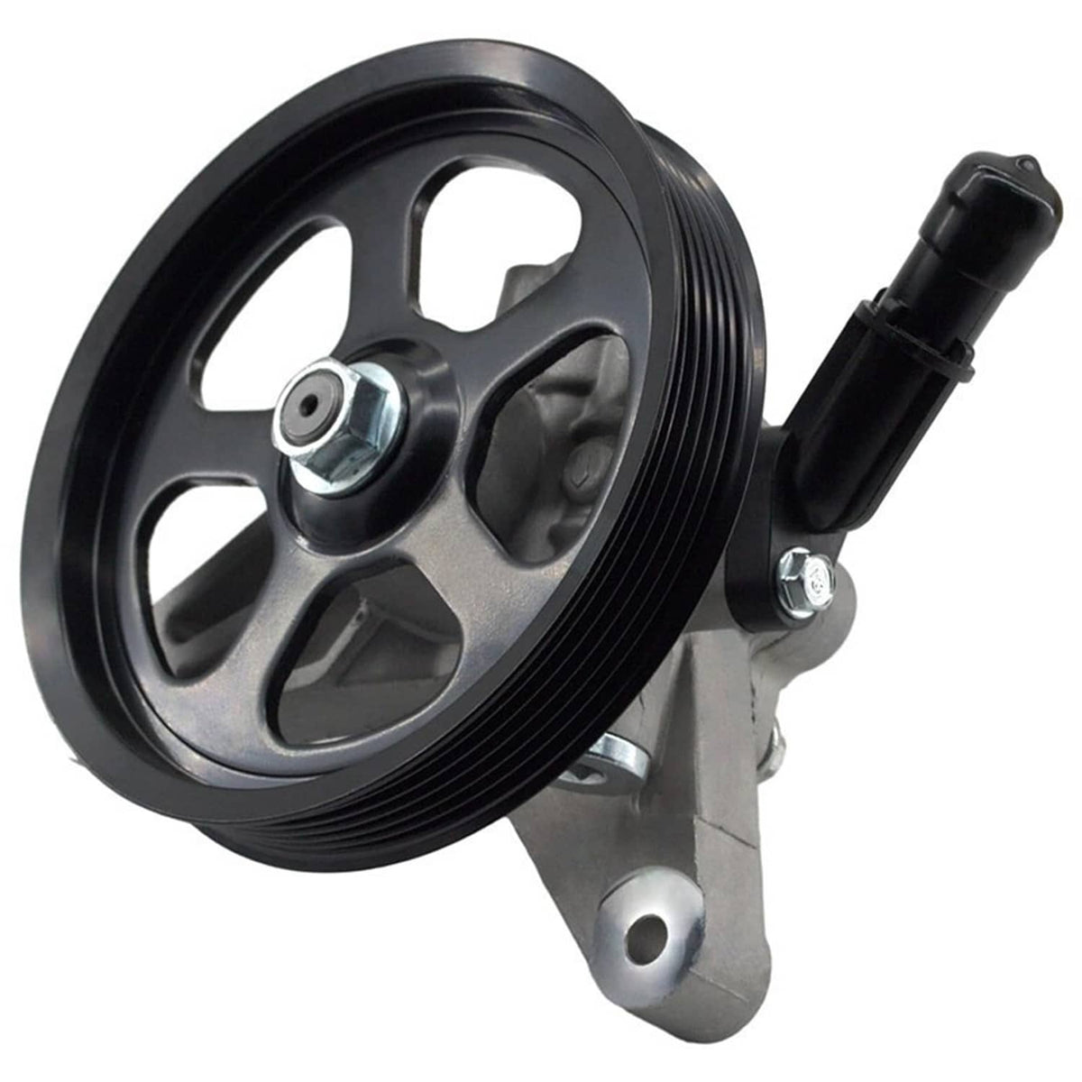 Power steering pump with black pulley and silver mounting bracket, with hose fitting and cap.