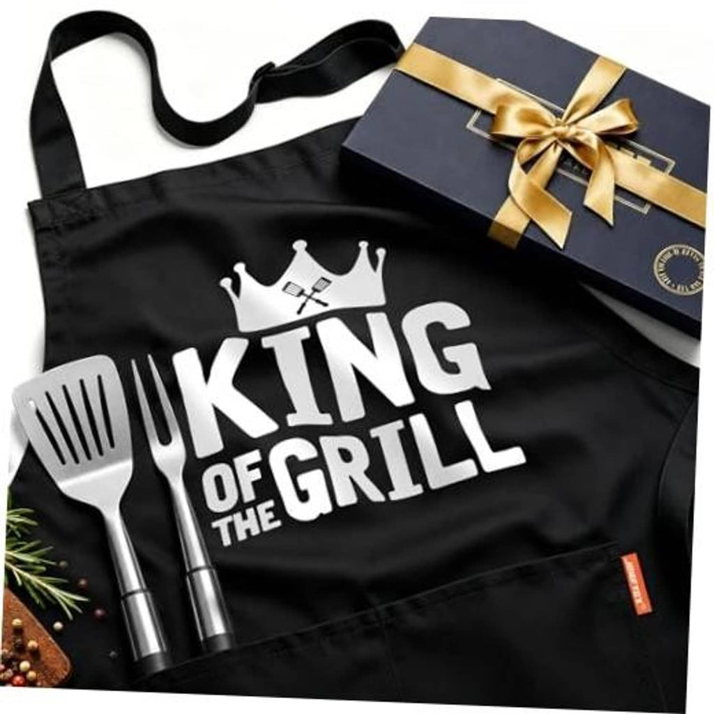 Black grilling apron with 'King of the Grill' text and crown; adjustable neck strap