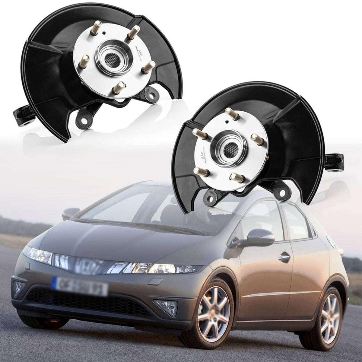 Front steering knuckle assemblies shown with wheel hubs on a vehicle