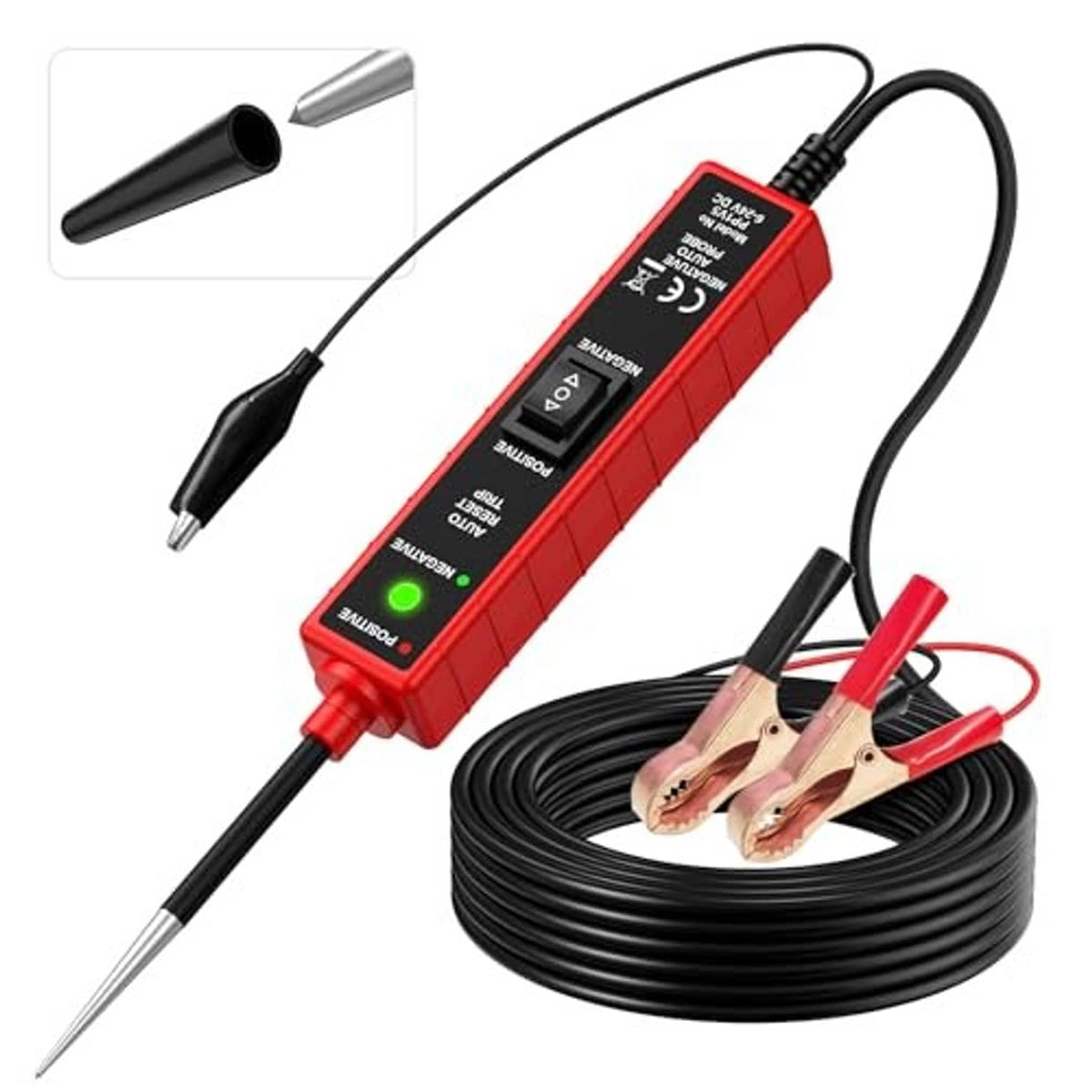 Red and black circuit probe tester with long lead cable and insulated probe tips
