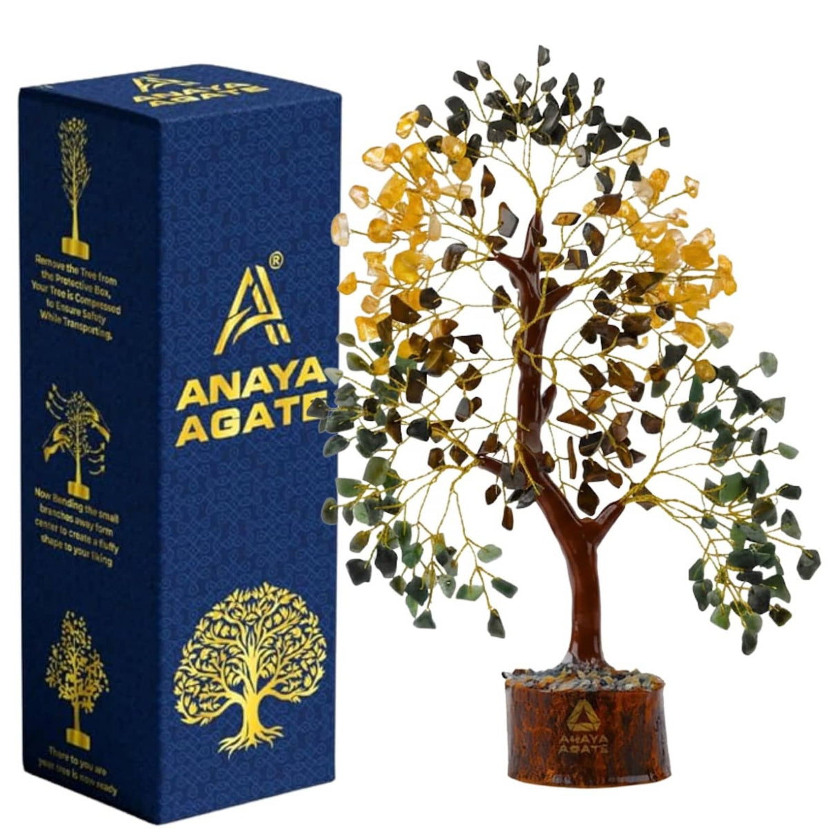 Golden wire crystal tree with amber and green stones, with ANAYA AGATE gift box