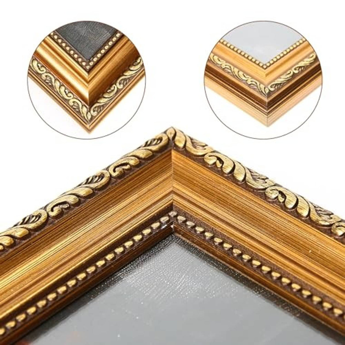 Corner detail of bronze gold vintage picture frame with carved pattern and beaded trim