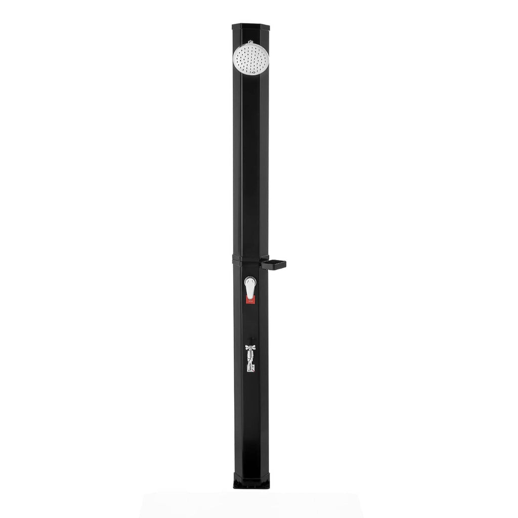 Outdoor solar shower with overhead shower head on tall black column