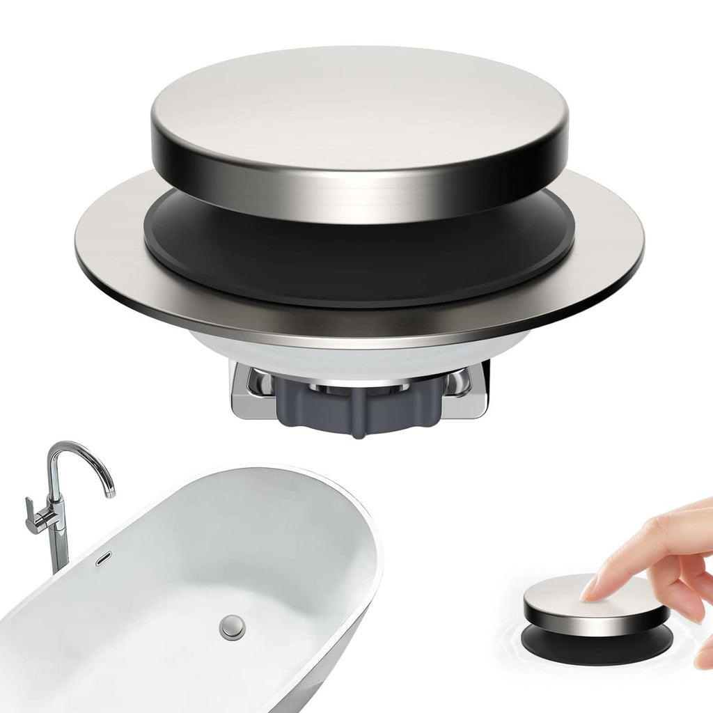 Brushed nickel metal bathtub pop-up drain stopper with black rubber base and knob