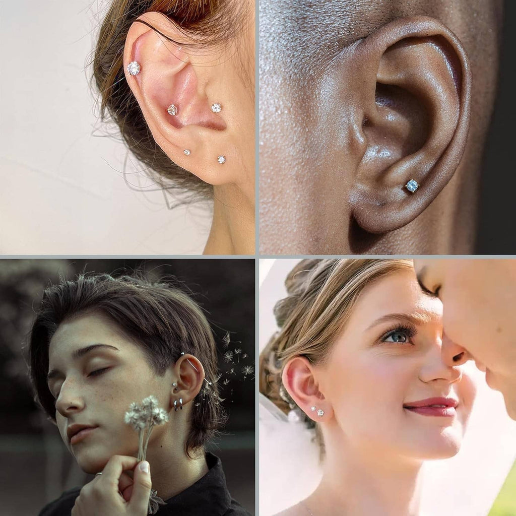 Round CZ flat-back stud earrings with small stones on straight bar posts