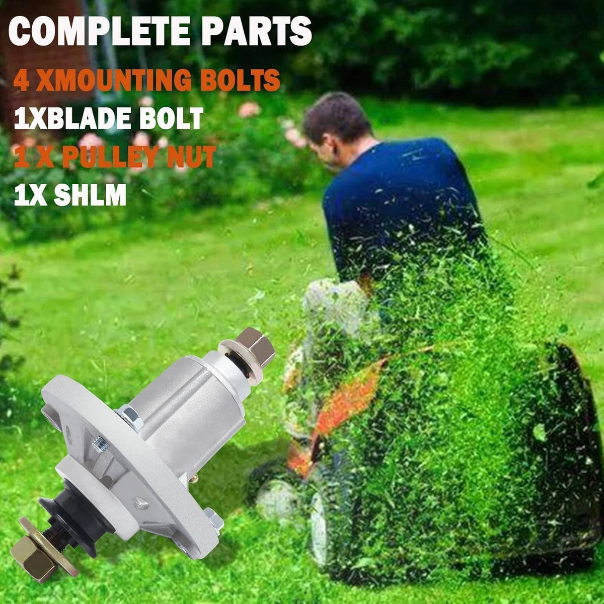 Replacement lawn mower spindle assembly with mounting parts on outdoor grass background