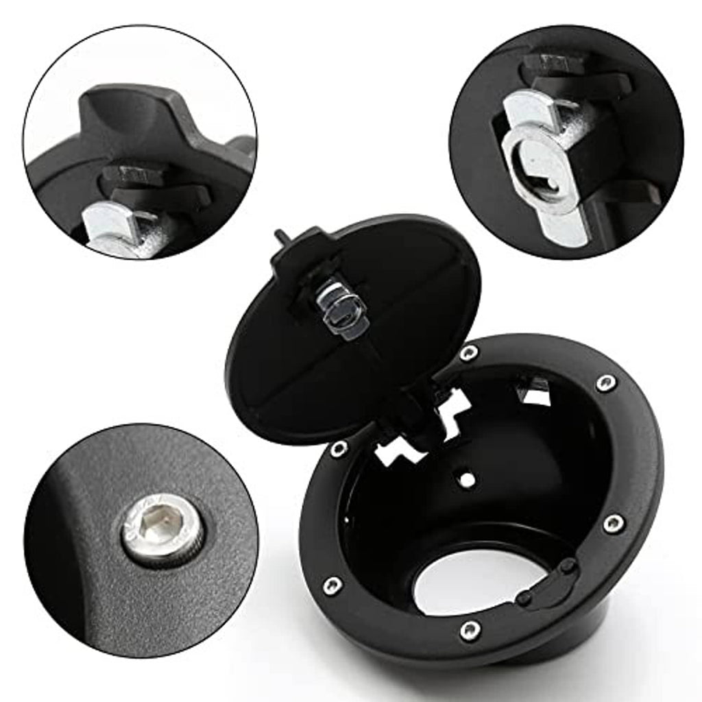 Fuel filler cap cover with open housing and locking key cylinder, black metal set