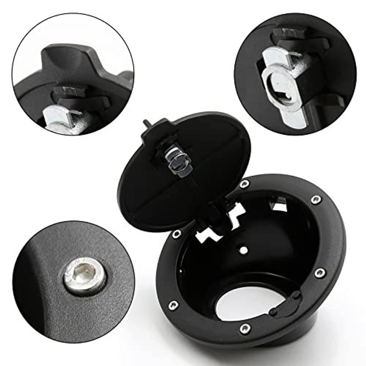 Fuel filler cap cover with open housing and locking key cylinder, black metal set