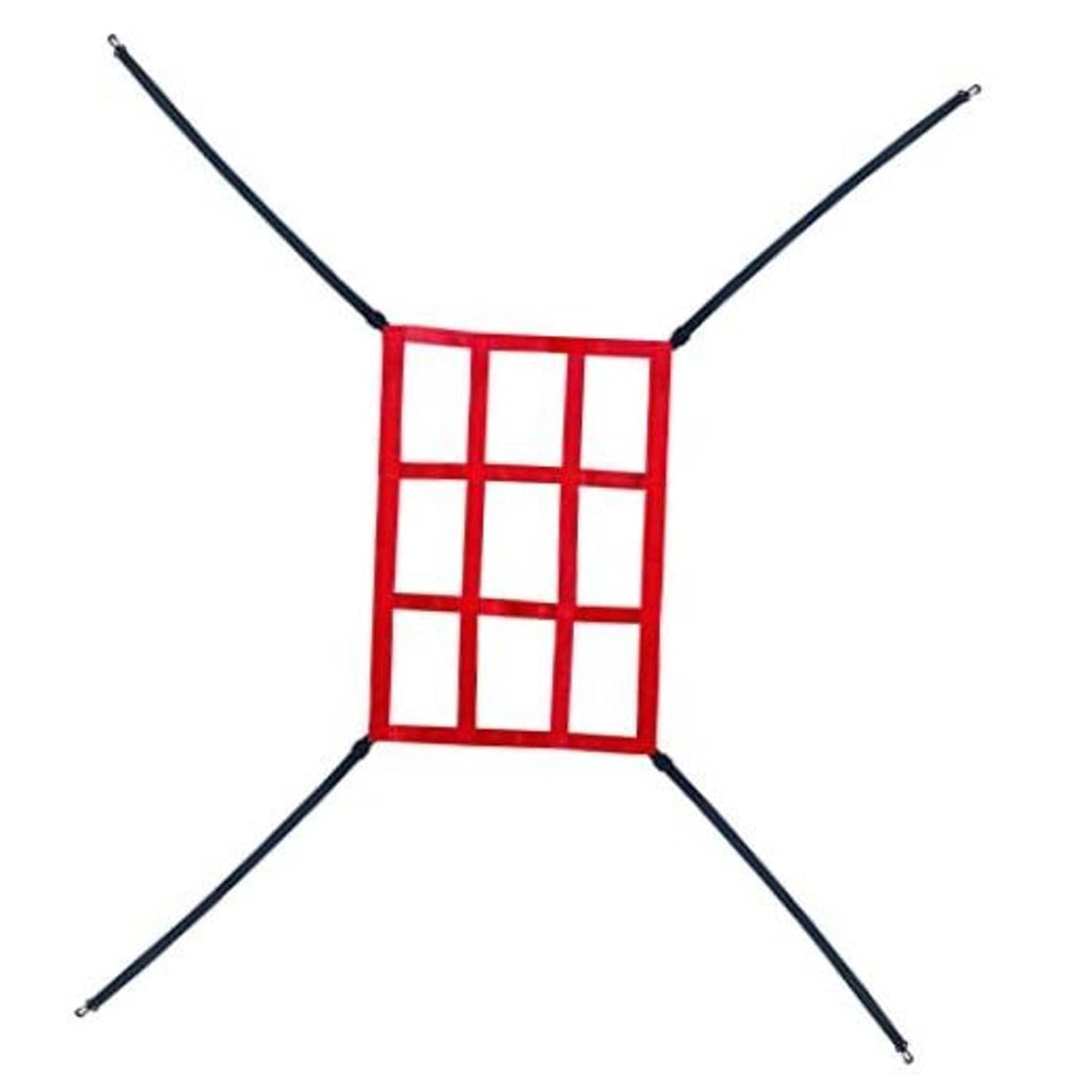 Baseball and softball strike zone target net with red grid panel and black poles