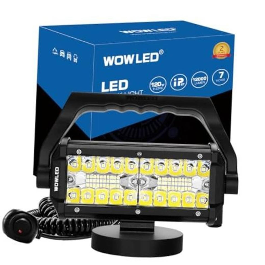 Black portable LED work light with rugged housing, magnetic base, and coiled power cable.