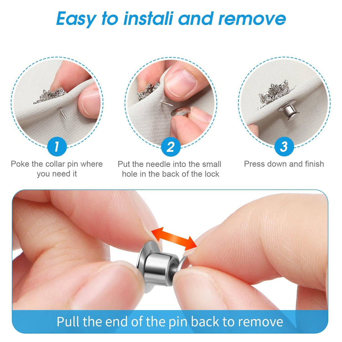 Silver pin back clasp parts shown during installation: pin post, keeper cap, and pull end.