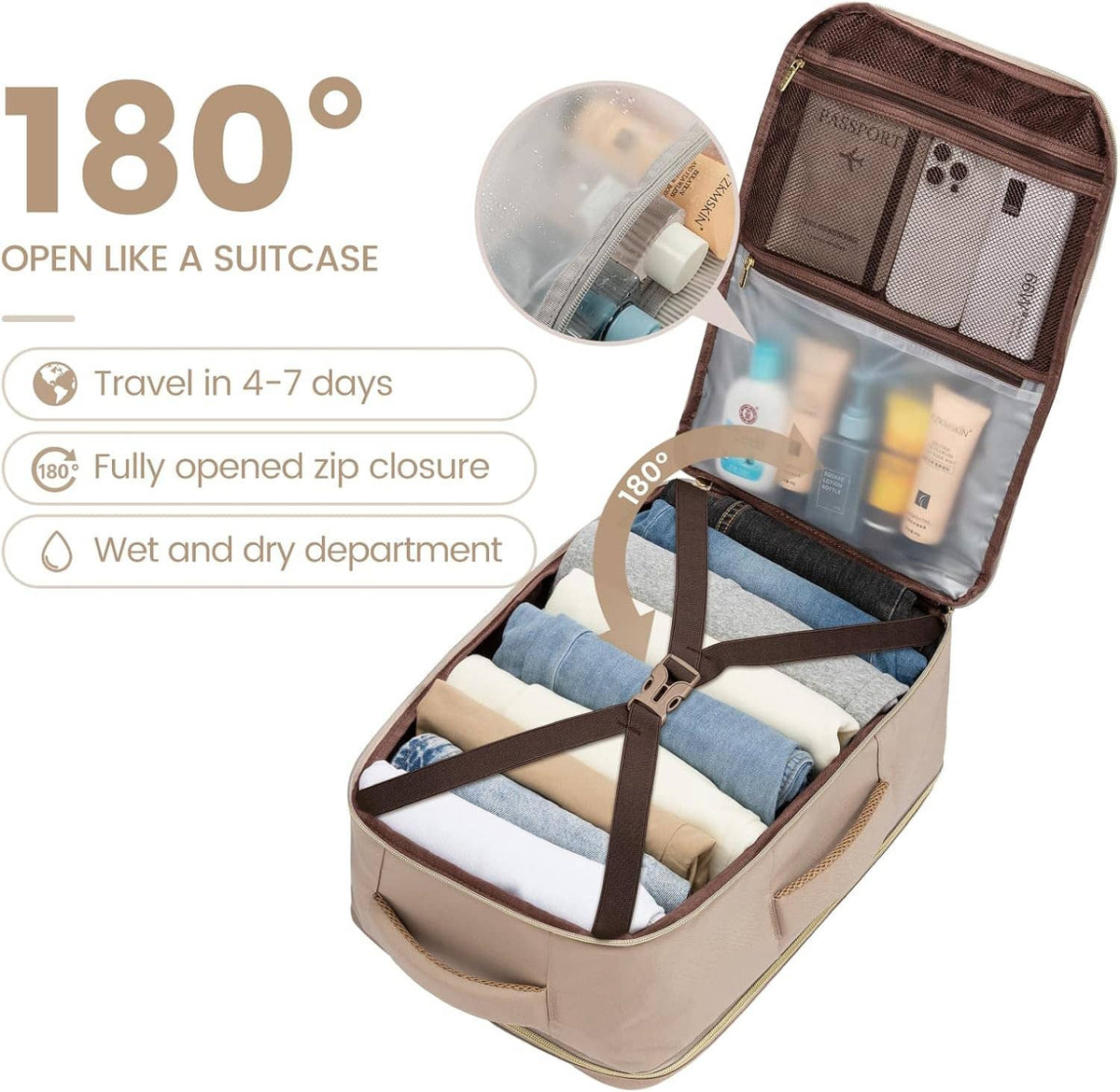 Beige travel backpack opened flat like a suitcase with organized interior straps