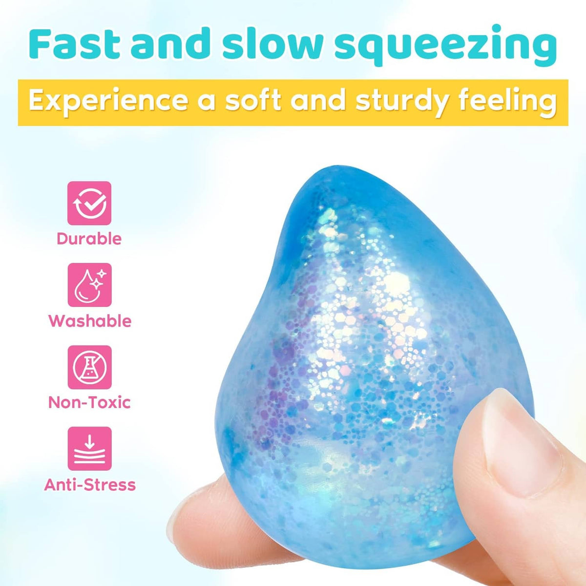 Blue glitter water-droplet squishy stress ball squeezed between fingers.