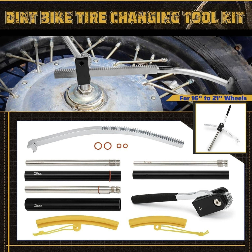Tire changing tool kit components with handle, multiple axle rods, axle sleeves, and yellow levers