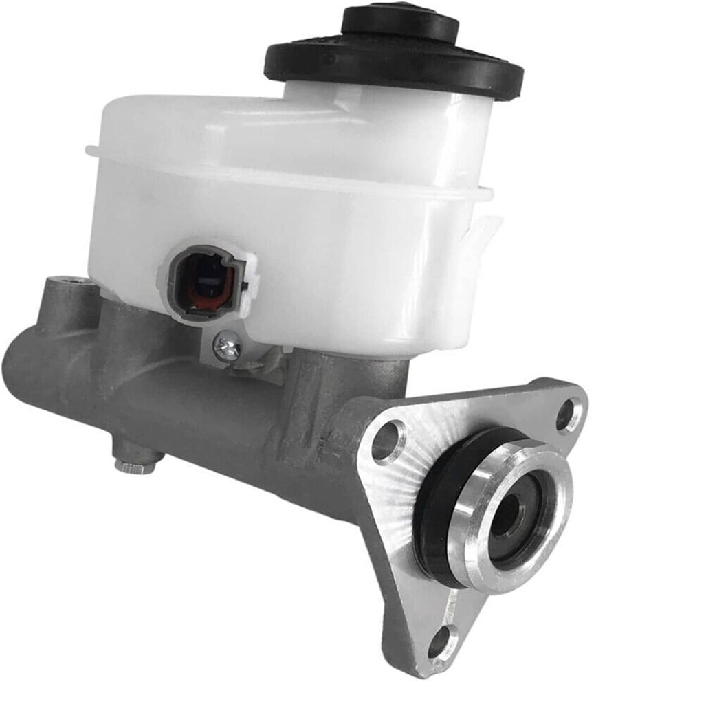 Brake master cylinder with white reservoir, black cap, and front outlet flange