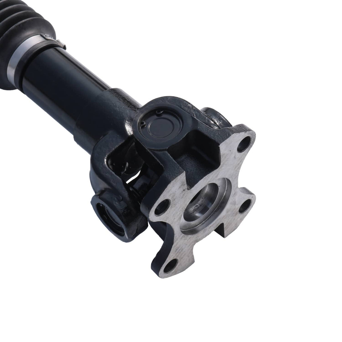 Front drive shaft assembly close-up of front yoke flange and mounting points