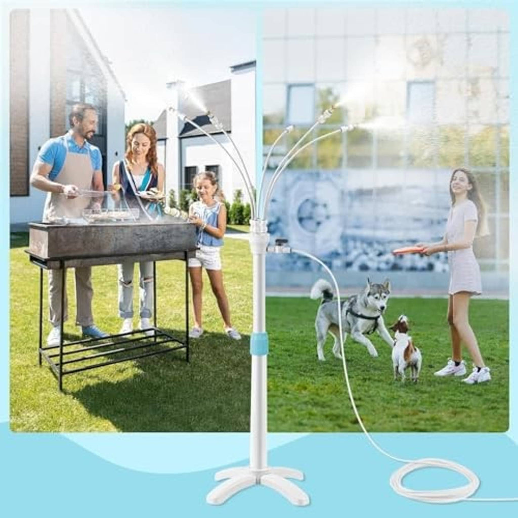 Standing patio misting system with white pole, blue band, and tripod base for pet outdoor cooling