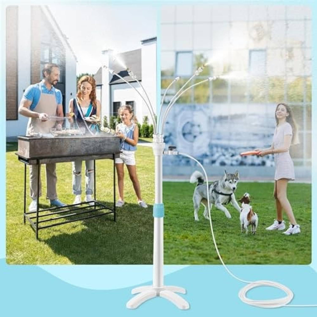 Standing patio misting system with white pole, blue band, and tripod base for pet outdoor cooling