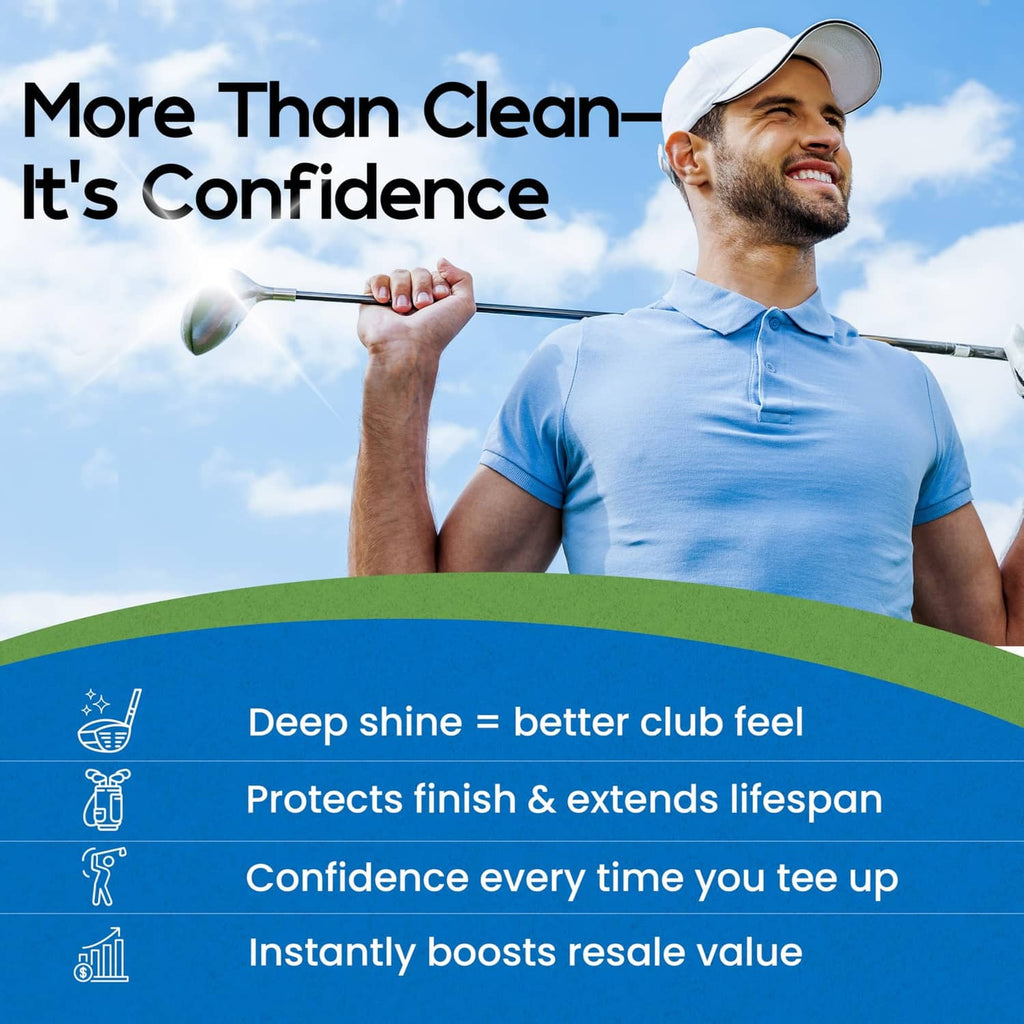 Golf club polish solution shown with a golfer holding a driver on the course.