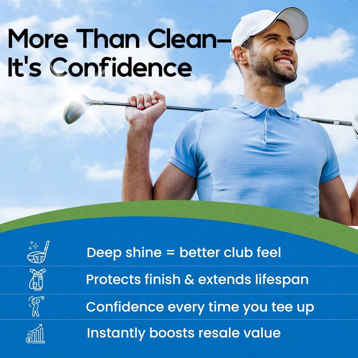 Golf club polish solution shown with a golfer holding a driver on the course.