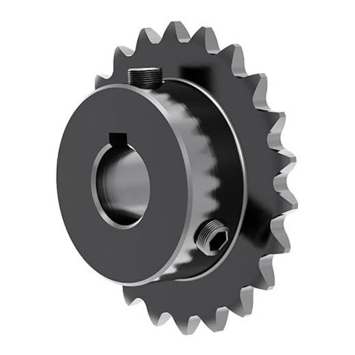 Hardened roller chain sprocket with teeth, central bore, and keyway