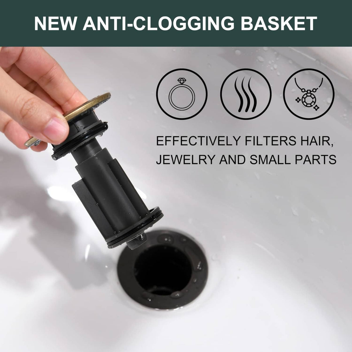Anti-clogging drain basket for pop-up sink drain with gold strainer cap
