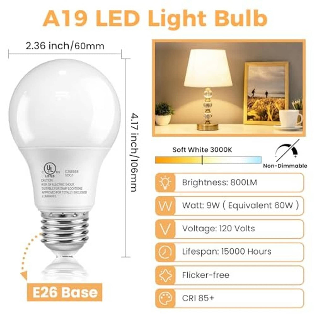 A19 LED light bulb with E26 base and size diagram, soft white 3000K