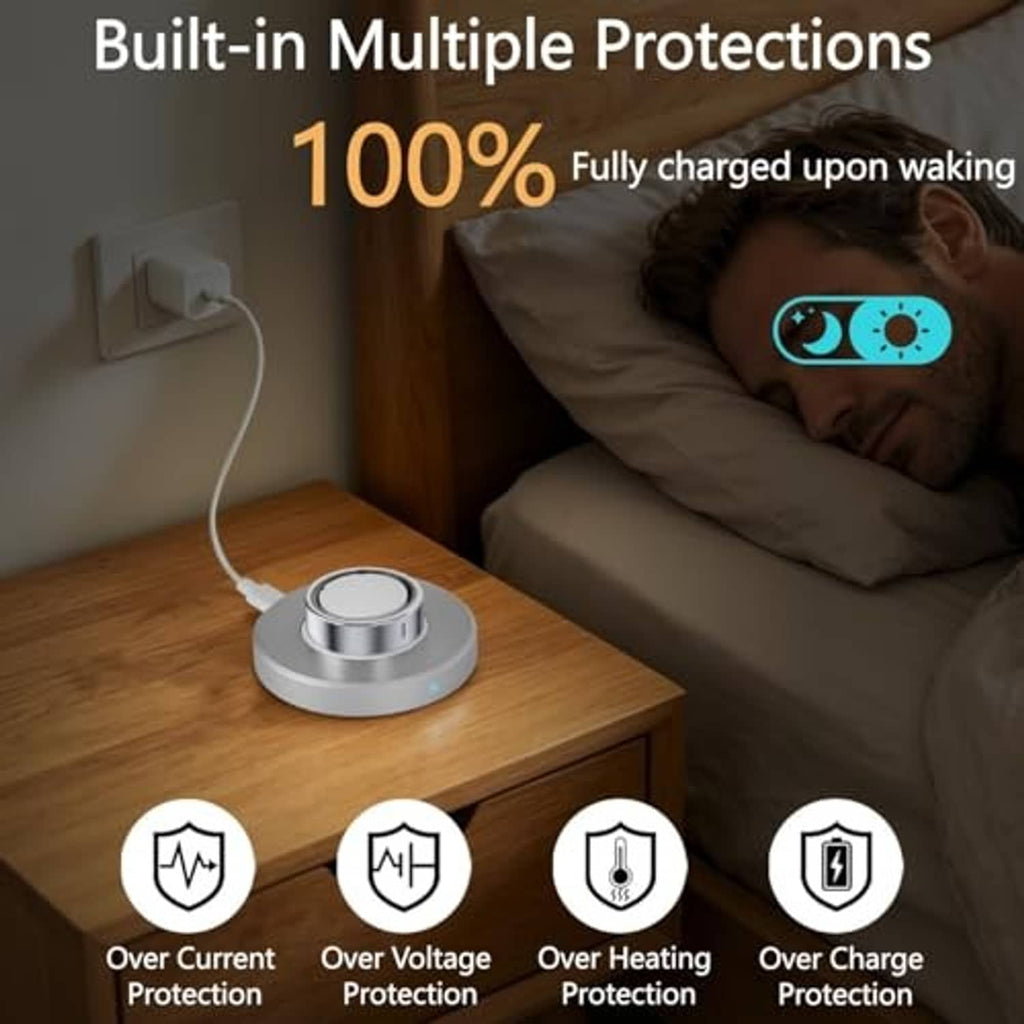 Charging dock on wooden nightstand with round metal base and ring cradle