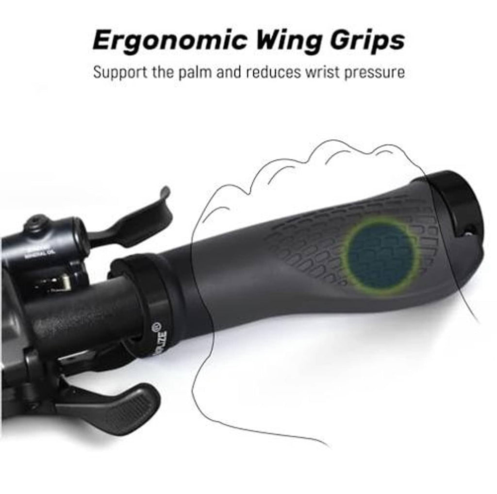 Ergonomic black wing bike handlebar grips with textured surface for wrist support