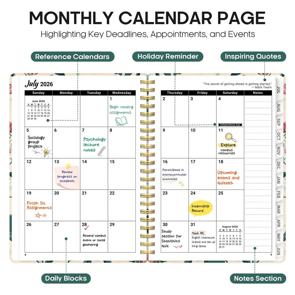 Monthly calendar page with highlighted priorities, appointments, and events