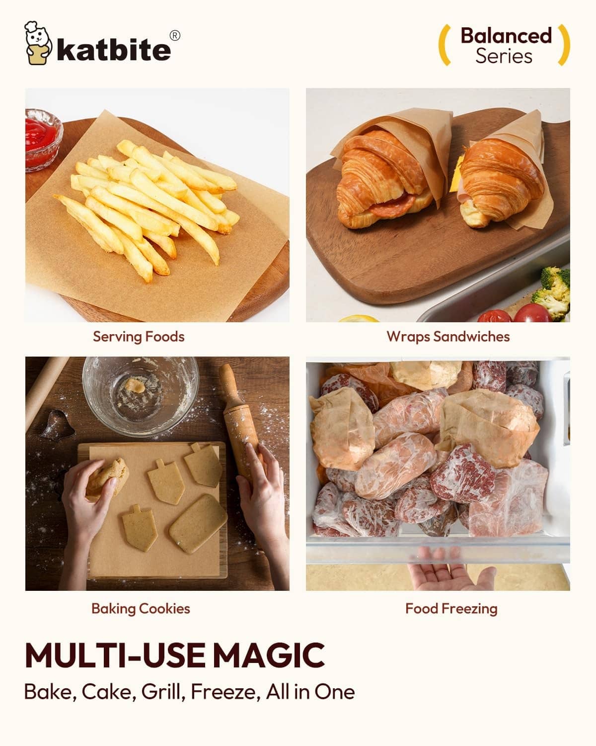 Parchment paper used for fries, wraps, baking cookies, and freezing foods