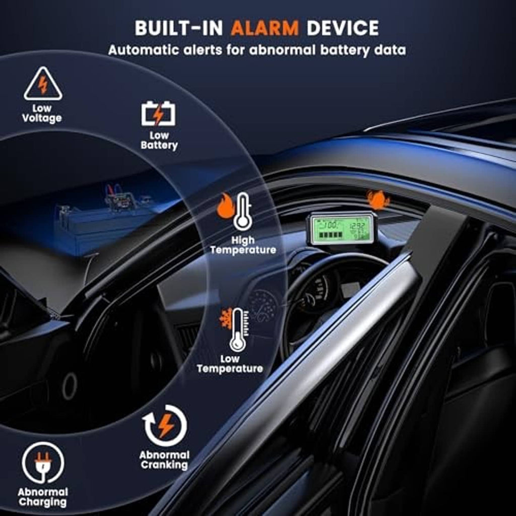 Car battery monitor with small LCD and built-in alarm status indicators