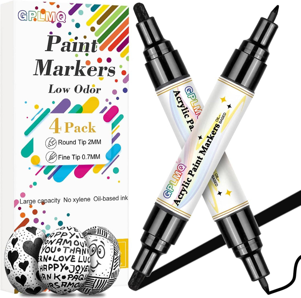 4-pack dual-tip acrylic paint markers with black ink, two pens and product sleeve