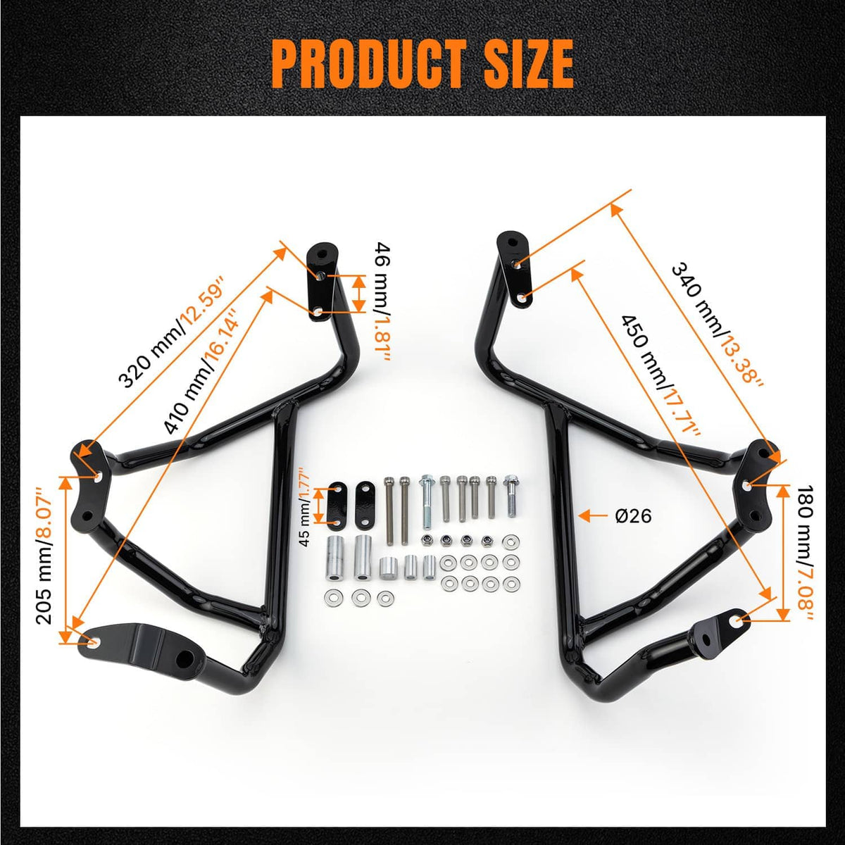 Black engine guard crash bar size diagram with included bolts and spacers