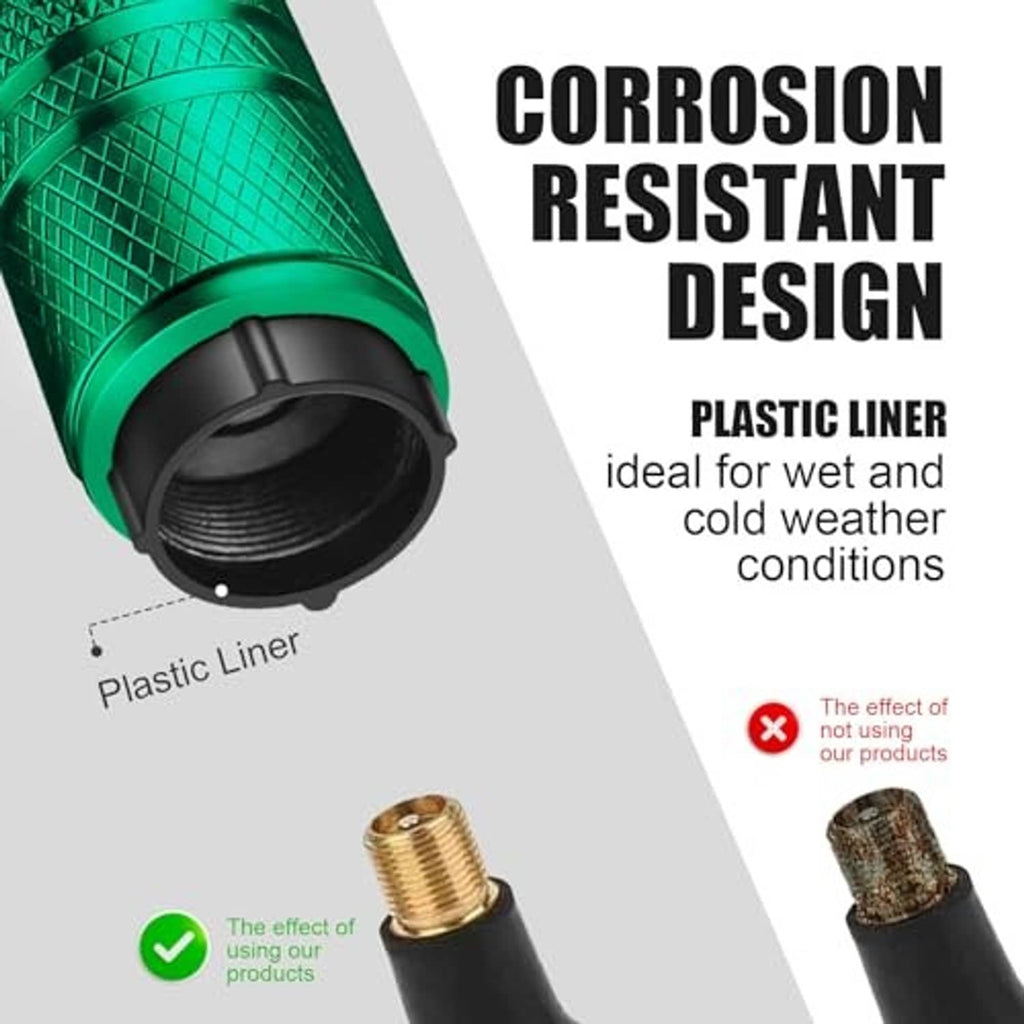 Green metal tire valve stem cap with black plastic liner and visible threads