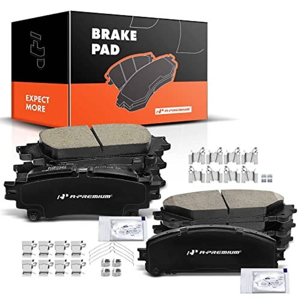Ceramic brake pads set showing front and rear pads plus mounting hardware pieces