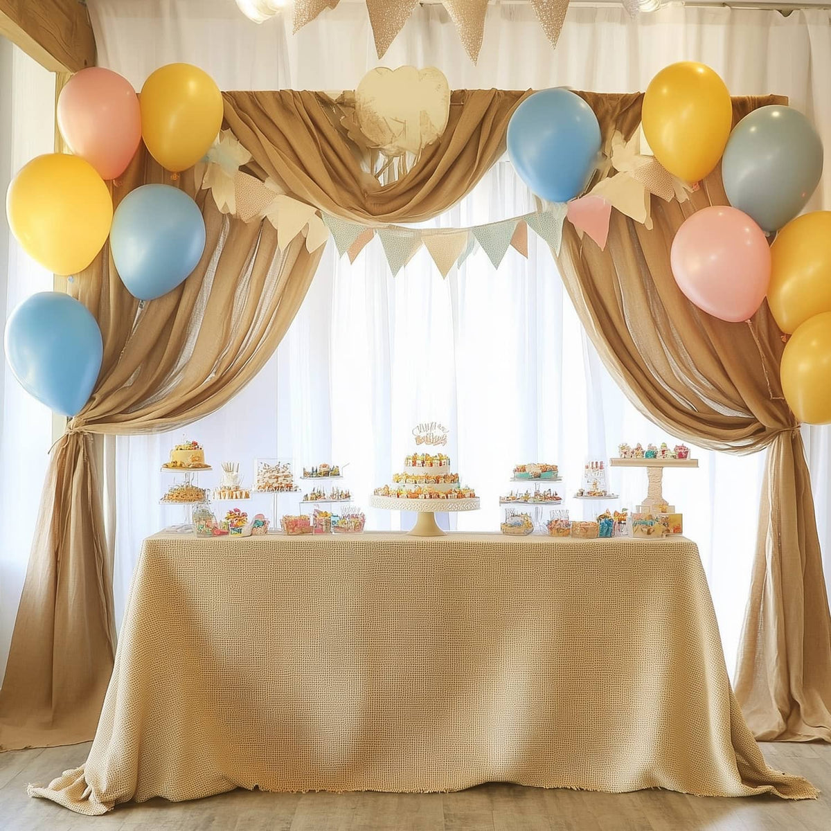 Burlap tablecloth and draped backdrop fabric, natural tan woven texture