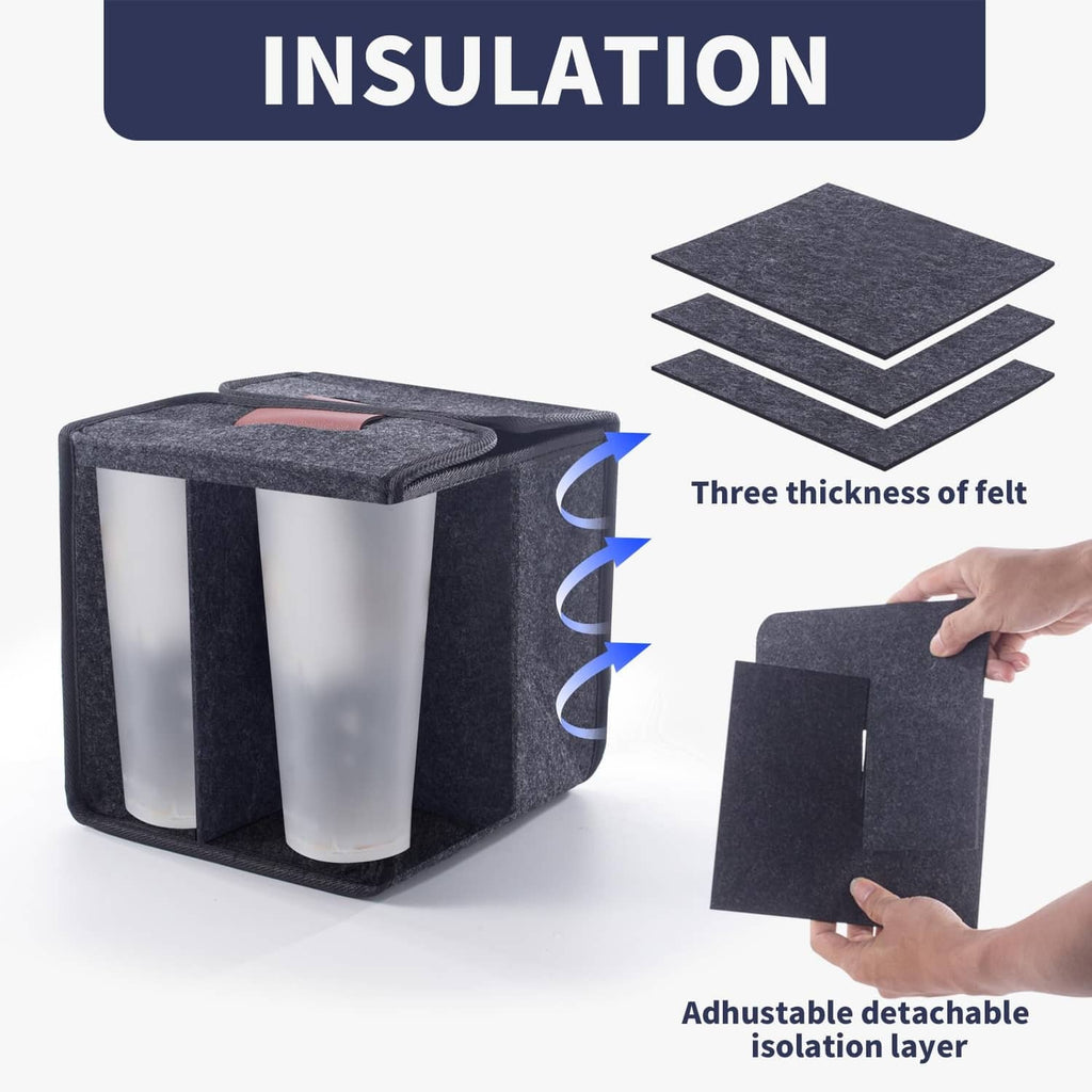 Dark gray insulated felt drink carrier with adjustable detachable insulation layer