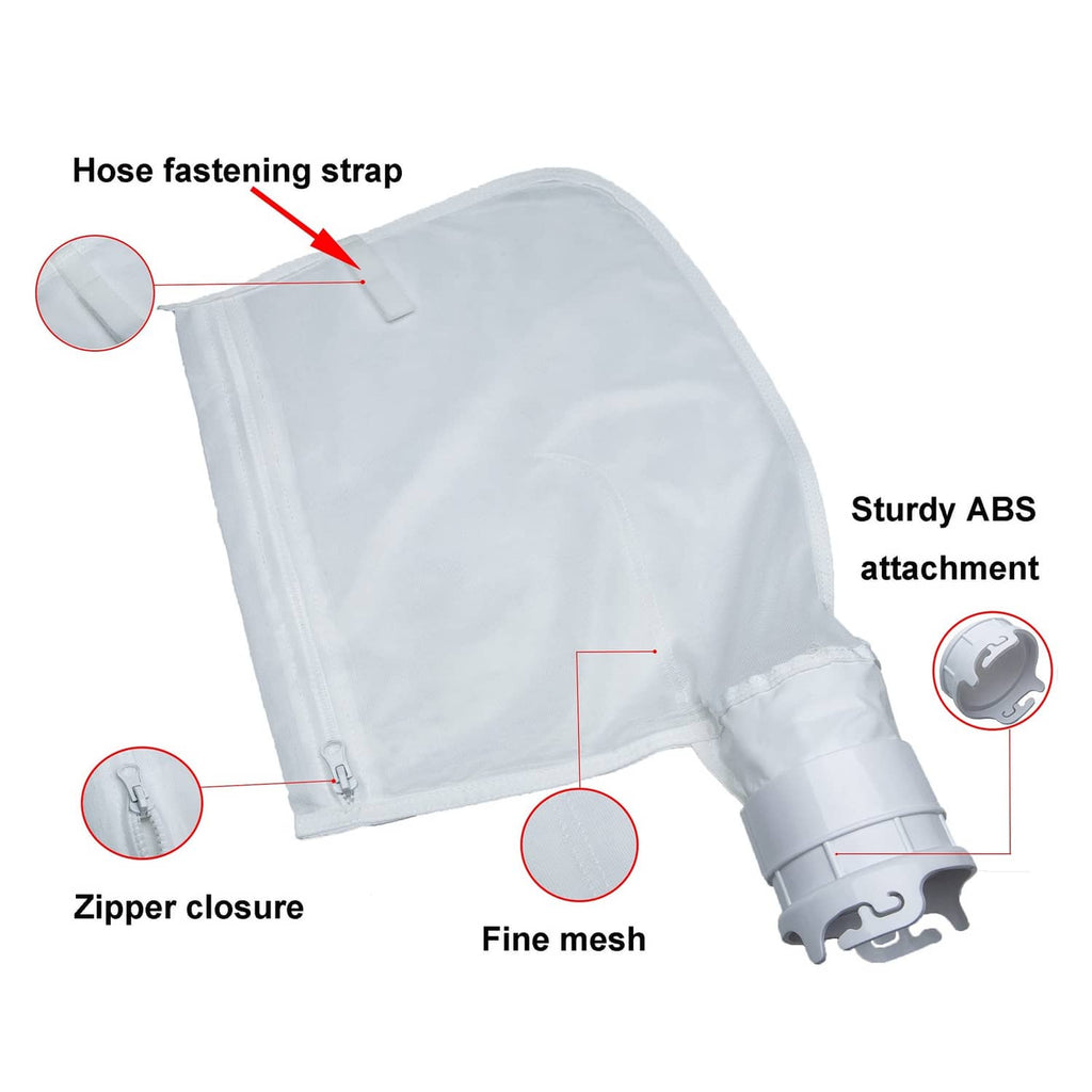 Fine mesh pool debris bag with zipper closure, hose fastening strap and ABS attachment