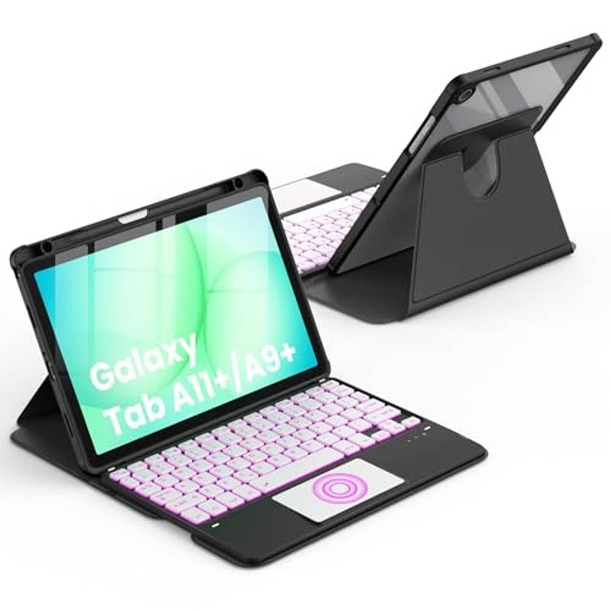 Black folio tablet keyboard case with adjustable stand and pink backlit keys
