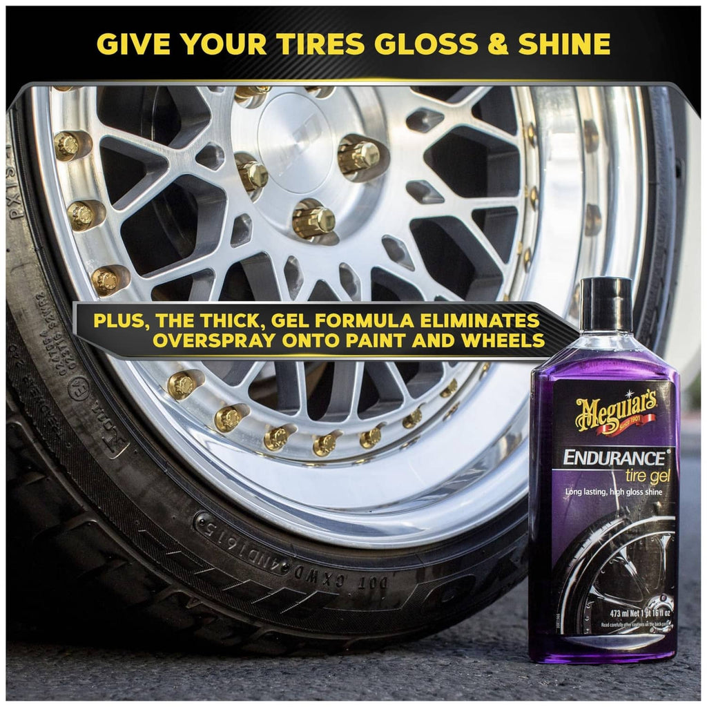 Metal wheel with tire, plus Meguiar’s Endurance tire gel bottle on the side