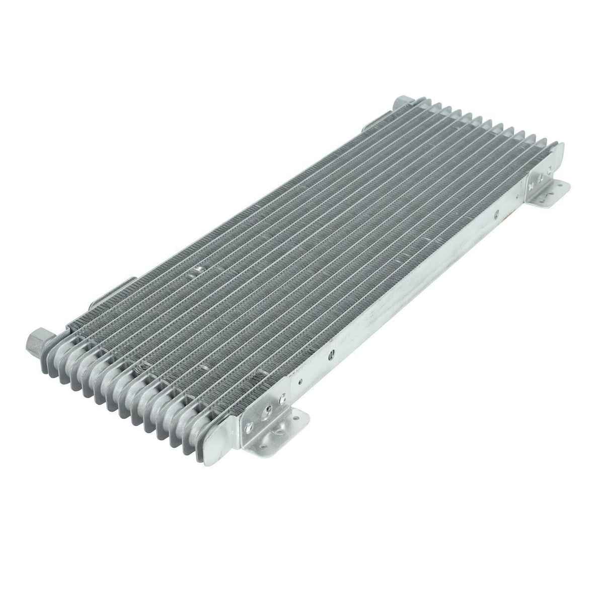 Transmission oil cooler with ribbed aluminum fin core and mounting brackets