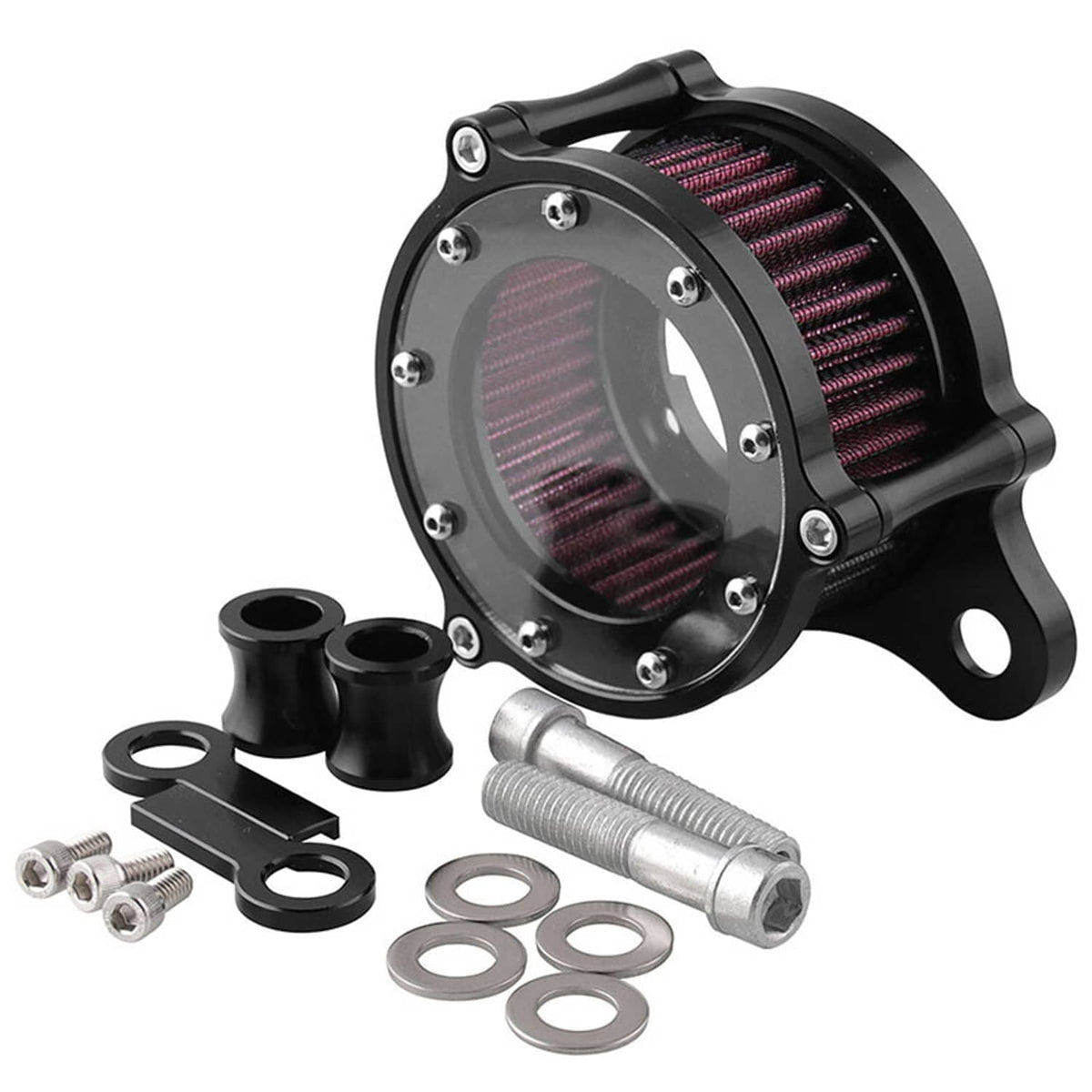 Air cleaner intake filter kit with black housing, red pleated filter, and included bolts
