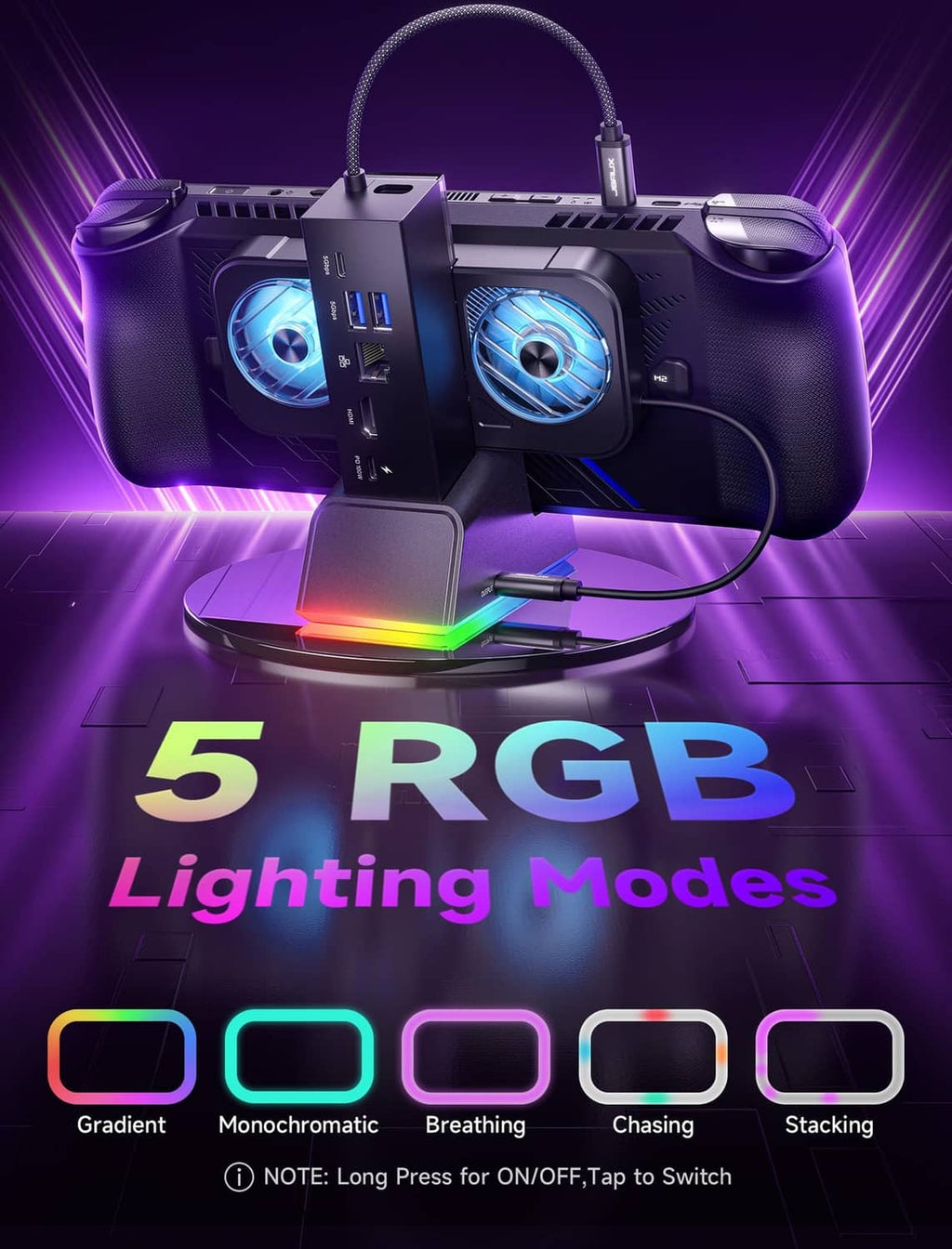 Docking station with dual RGB fan modules showing 5 lighting modes and power base