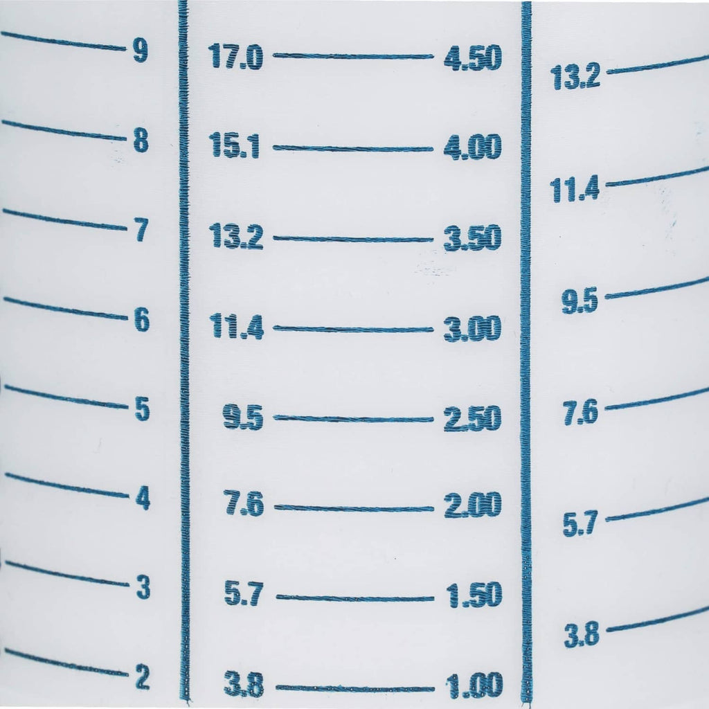 Close-up of blue volume scale lines (liters) on white bottle