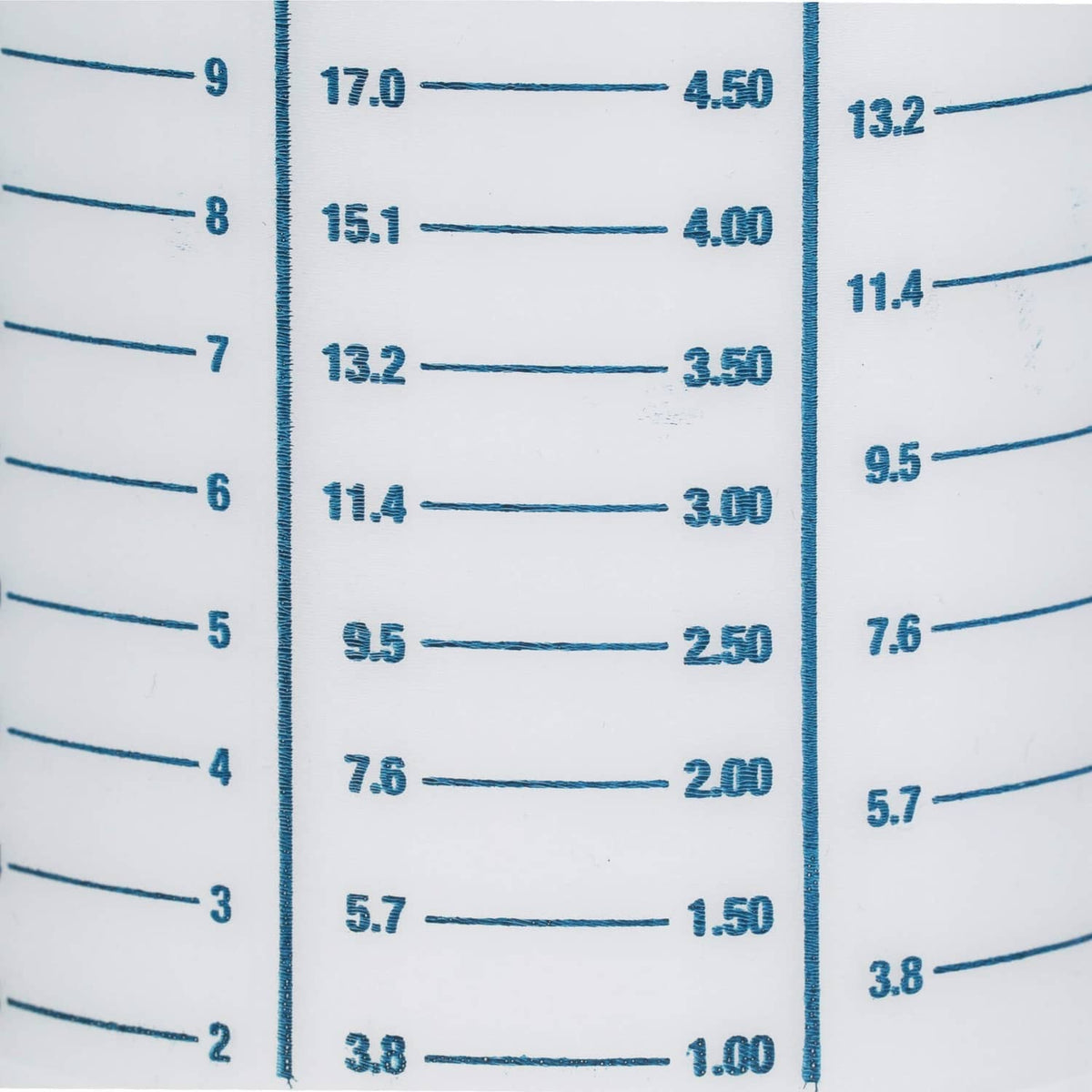 Close-up of blue volume scale lines (liters) on white bottle