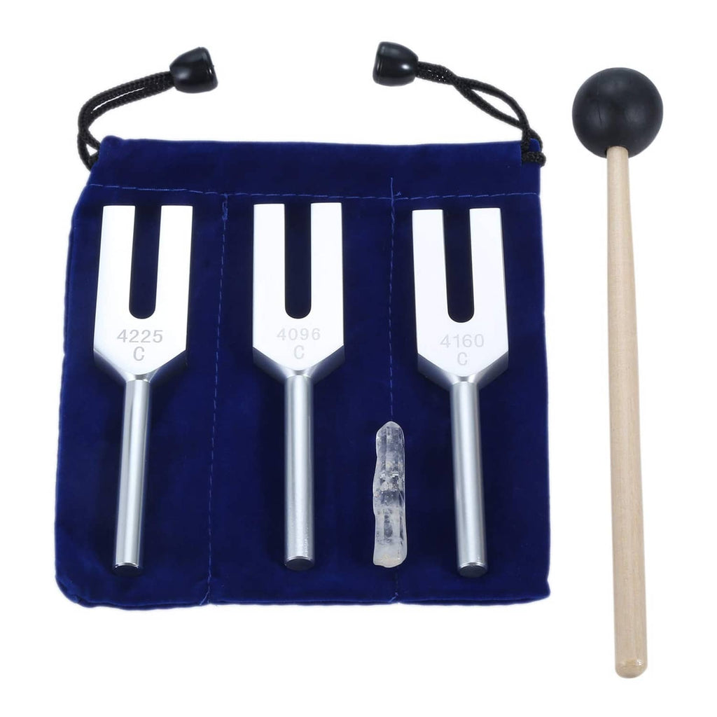 Blue velvet pouch with three silver tuning forks, marked 4225, 4096, and 4160, plus mallet